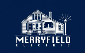 White line-art house and utility pole logo with "MERRYFIELD ELECTRIC" on a dark blue background