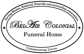 Logo for Bel Air Colonial Funeral Home, oval shape with landscape background and text.