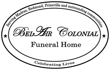 Logo for Bel Air Colonial Funeral Home, oval shape with landscape background and text.