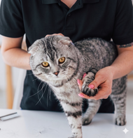 Person holding a gray tabby cat with folded ears on a table
