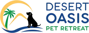 Desert Oasis Pet Retreat logo with palm tree, dog silhouette, and blue-green text on white background