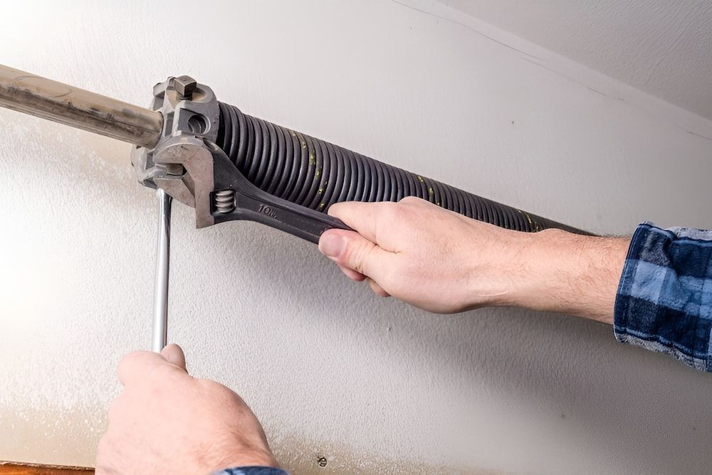 A Man Is Fixing A Garage Door Spring With A Wrench — Brunswick Valley Door Centre in Mullumbimby, NSW