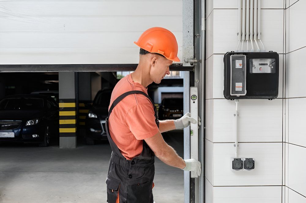 A Man In A Hard Hat Is Opening A Garage Door — Brunswick Valley Door Centre in Pottsville, NSW