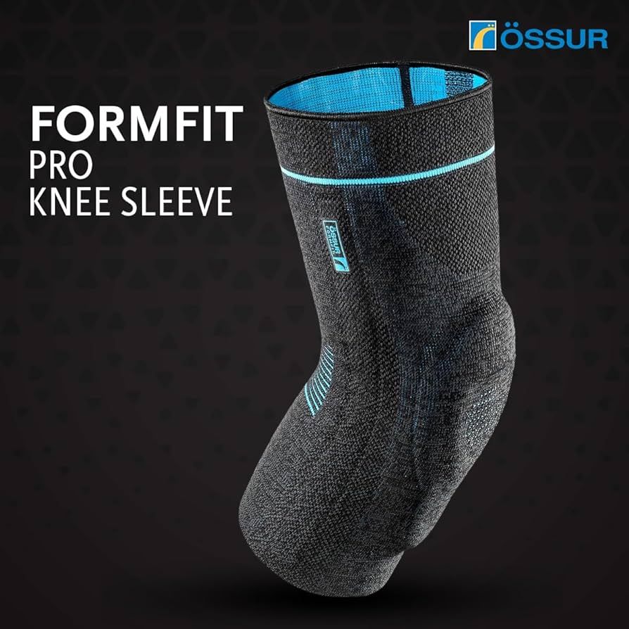 A black Össur Formfit Pro knee sleeve with teal accents, displayed against a dark patterned background.