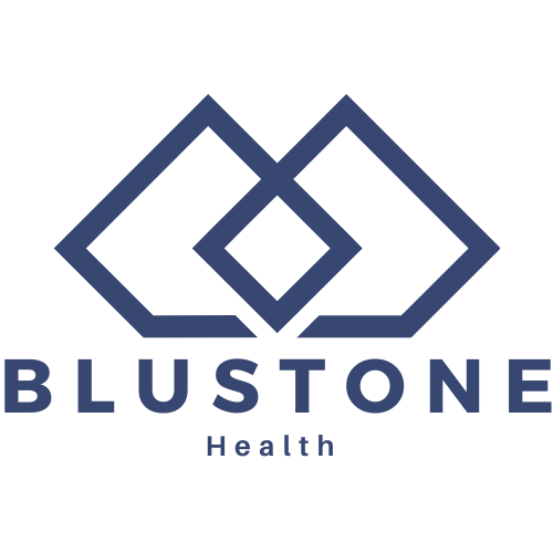 A dark blue geometric logo shaped like overlapping mountains above the text 