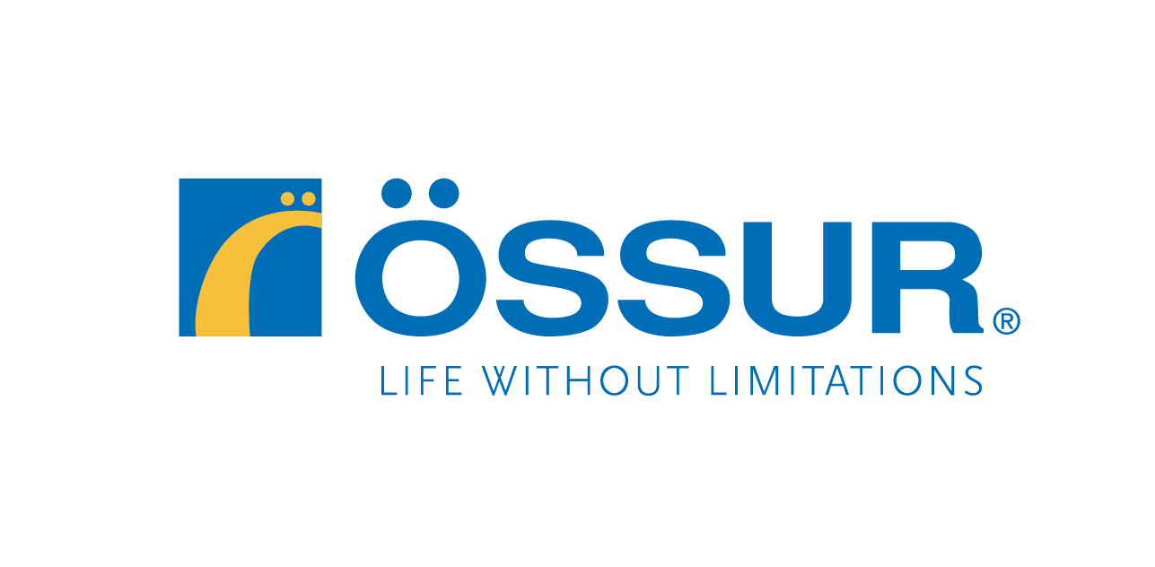 Össur logo: a blue square with a yellow curve, followed by the text