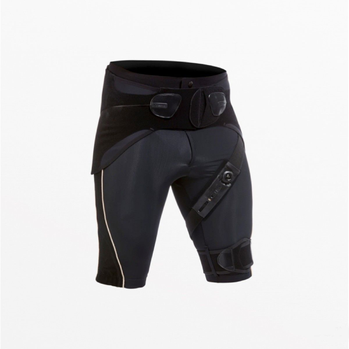 Black athletic compression shorts featuring integrated support straps, buckles at the waist, and adjustable thigh closures.