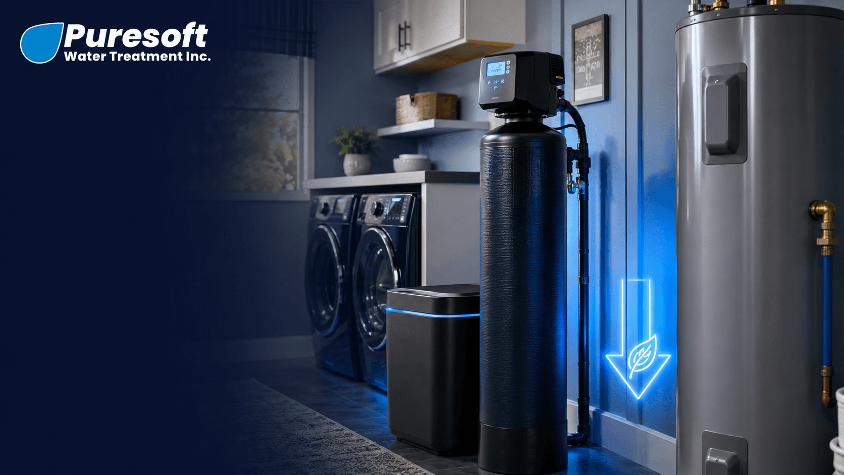 PureSoft water softener system beside laundry and kitchen appliances in a modern home