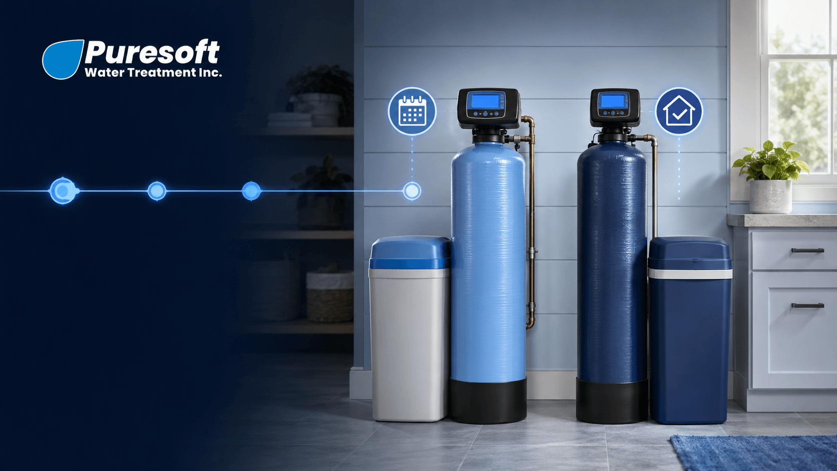 Puresoft water softener units in a modern kitchen, with blue tanks and a compact gray cabinet