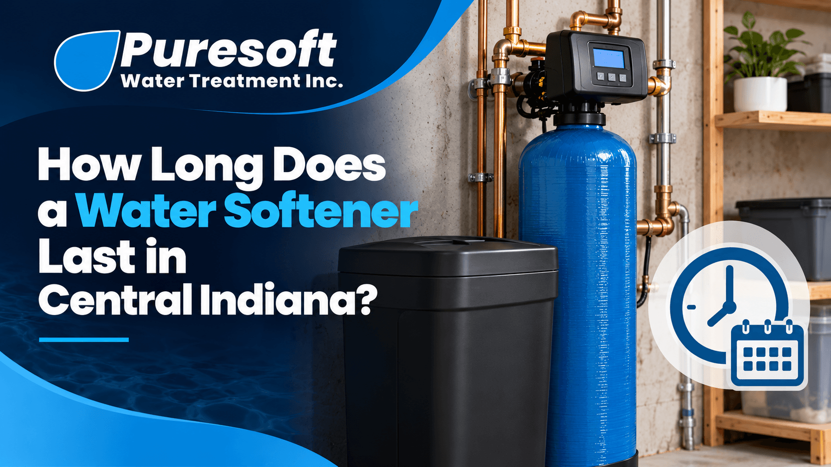 Puresoft ad with water softener tanks and text: “How Long Does a Water Softener Last in Central Indiana?”