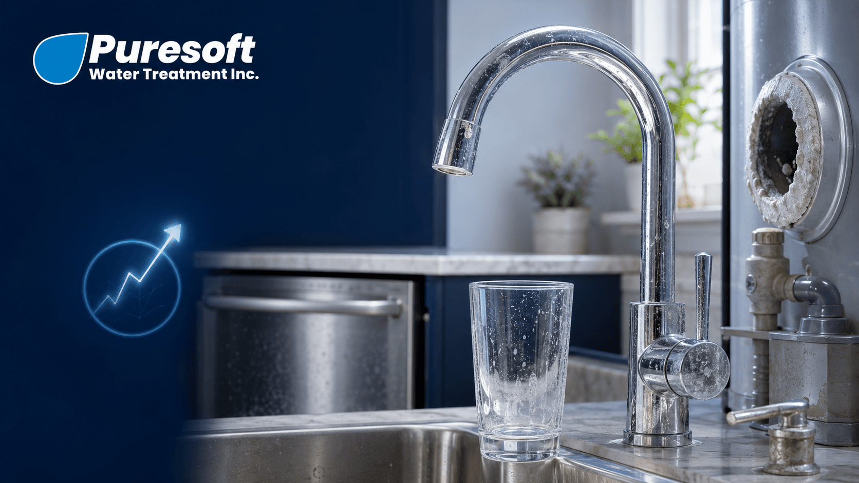 Puresoft water treatment ad with faucet, glass of water, and purification tanks in a blue kitchen scene