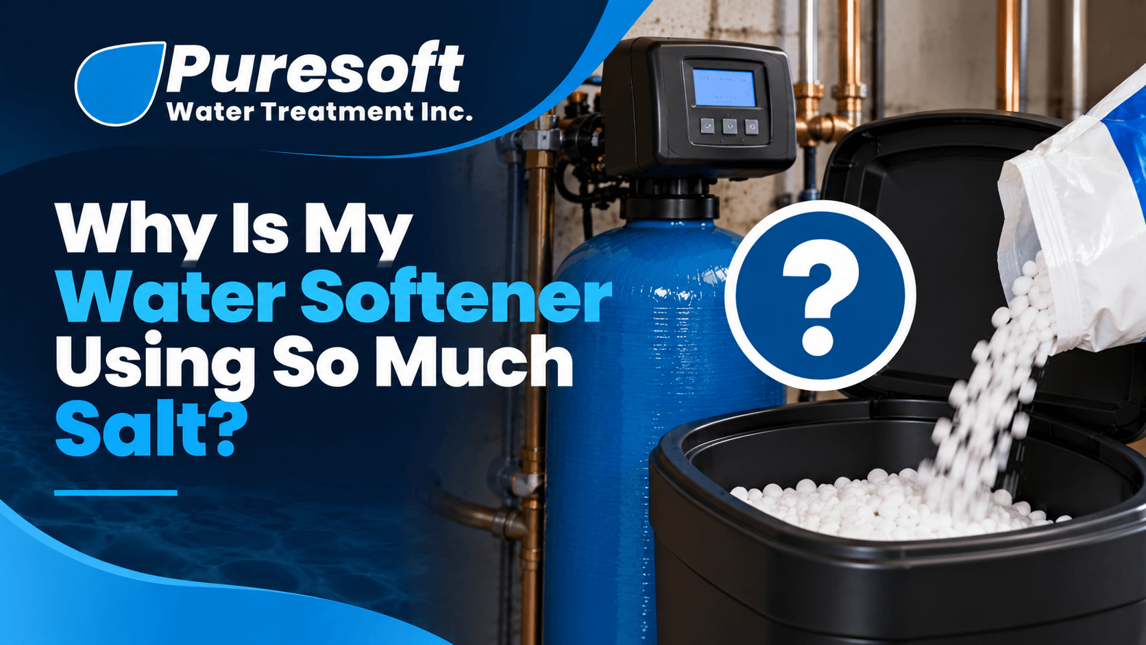 Puresoft graphic of a water softener with salt pellets and text: “Why Is My Water Softener Using So Much Salt?”