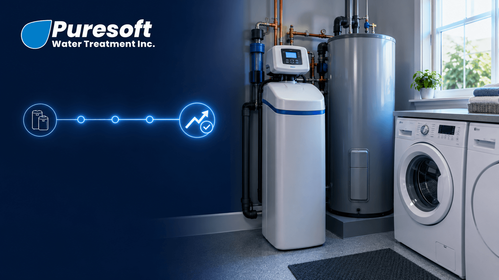 Puresoft whole-home water treatment system beside a laundry room washer and dryer, with logo and blue water graphic