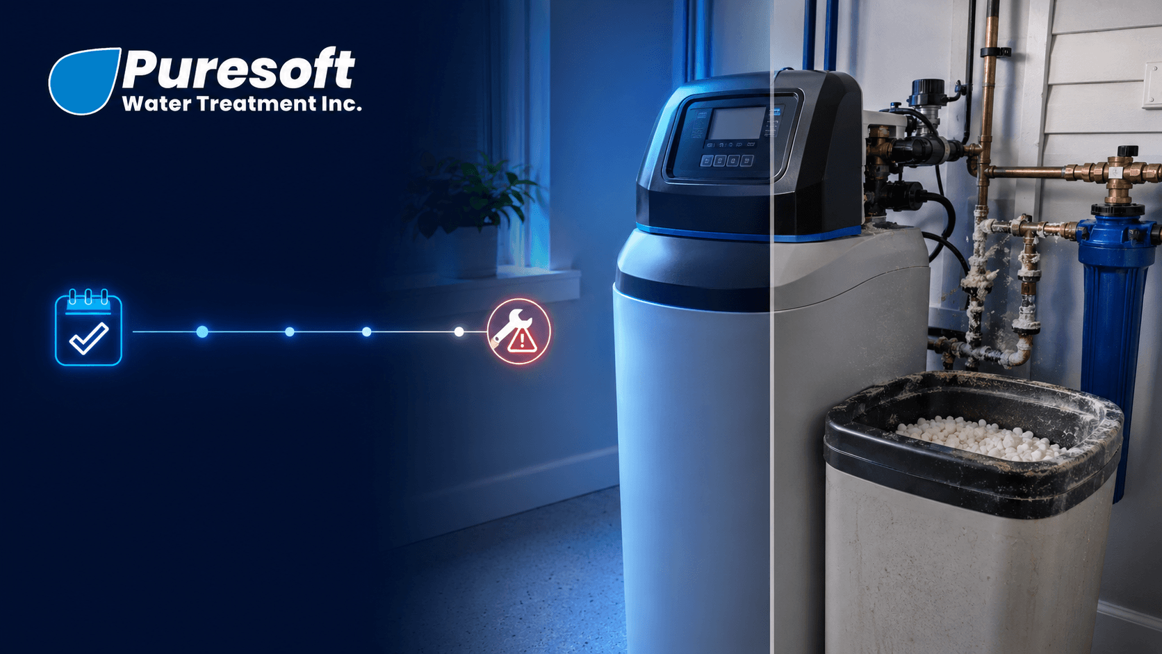 Puresoft water treatment system beside a blue digital timeline graphic and logo