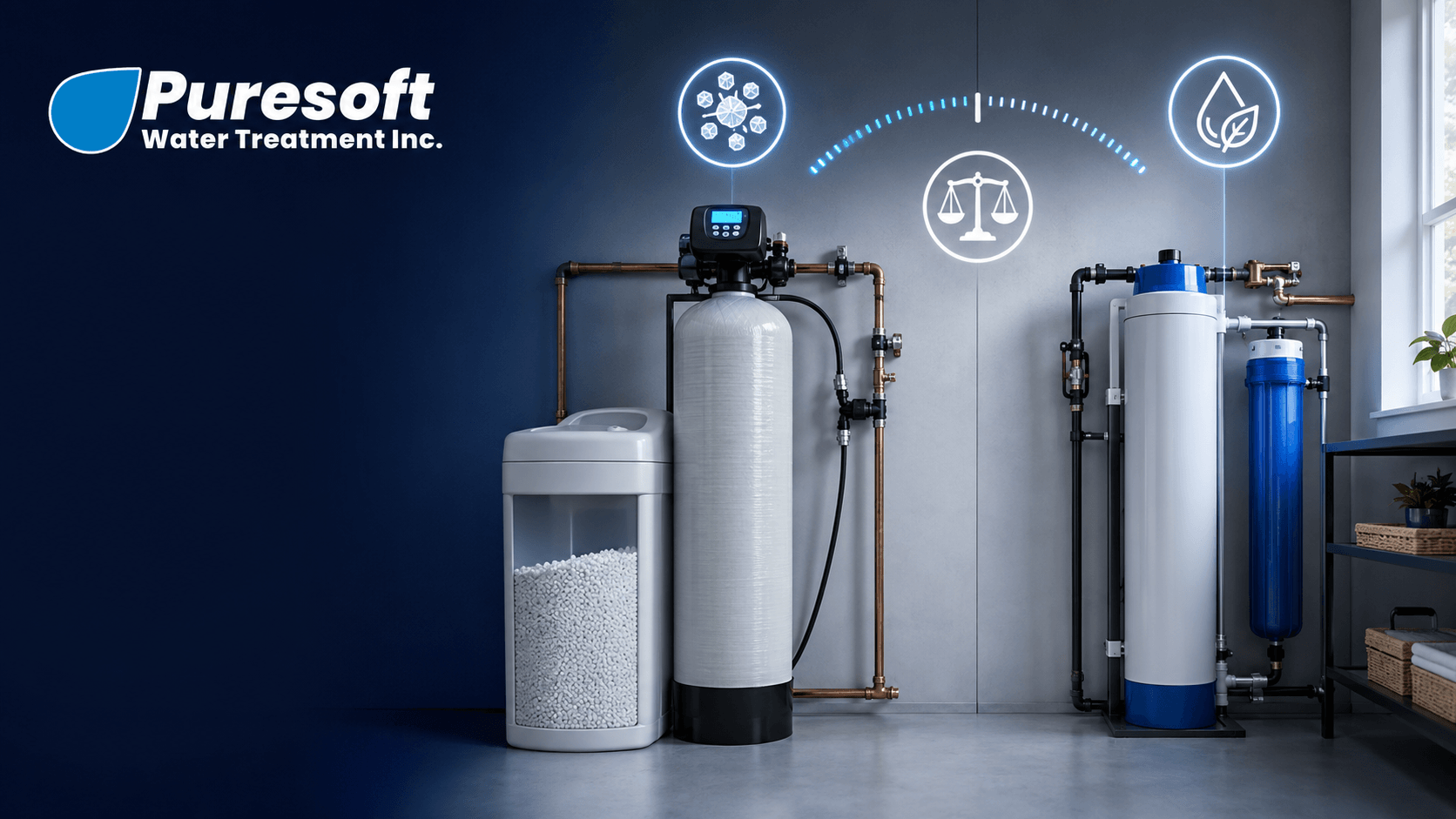 Puresoft water treatment system with tanks and filters in a clean industrial room