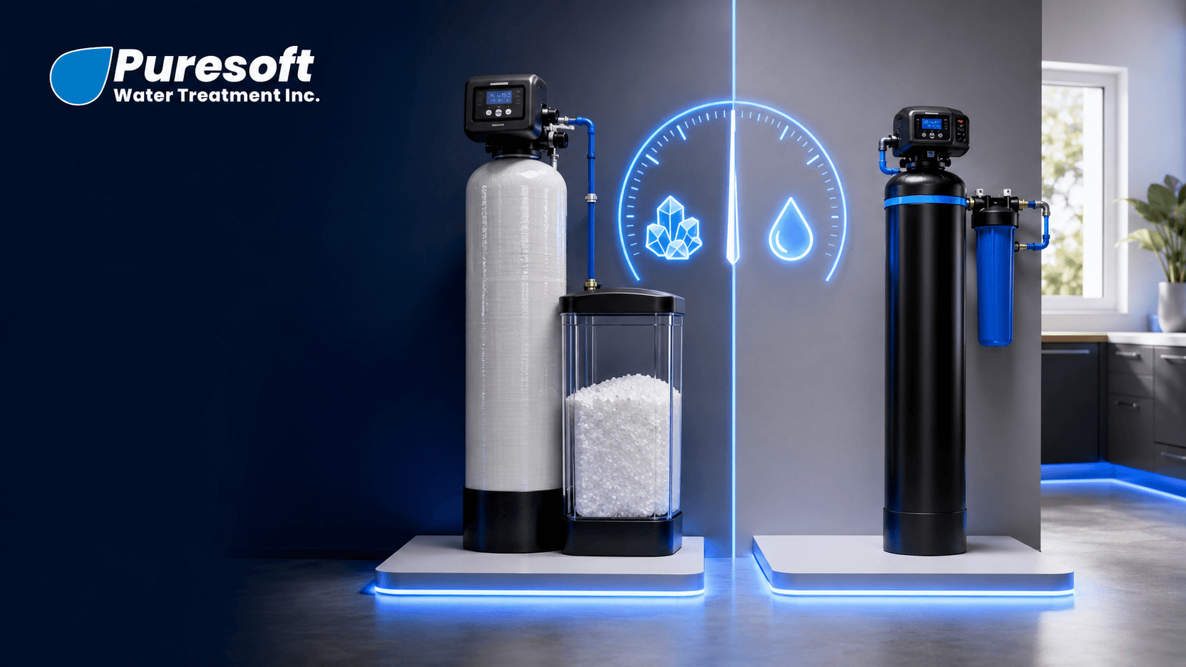 Puresoft water treatment systems displayed on illuminated platforms with a glowing water droplet icon