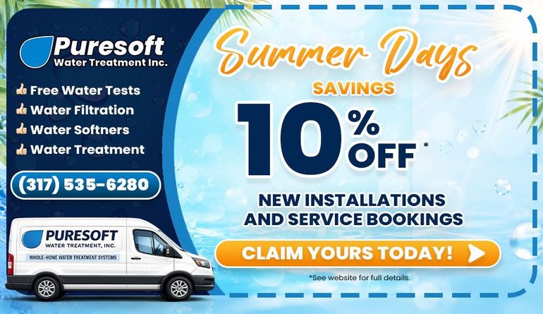 Puresoft Water Treatment summer promo ad with 10% off new installations and service bookings, blue/orange design