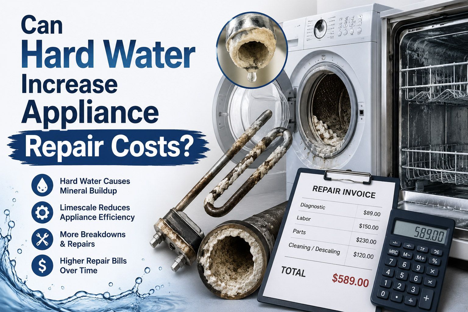 Hard water causing appliance repair costs, with washer, pipes, and calculator displaying service bill
