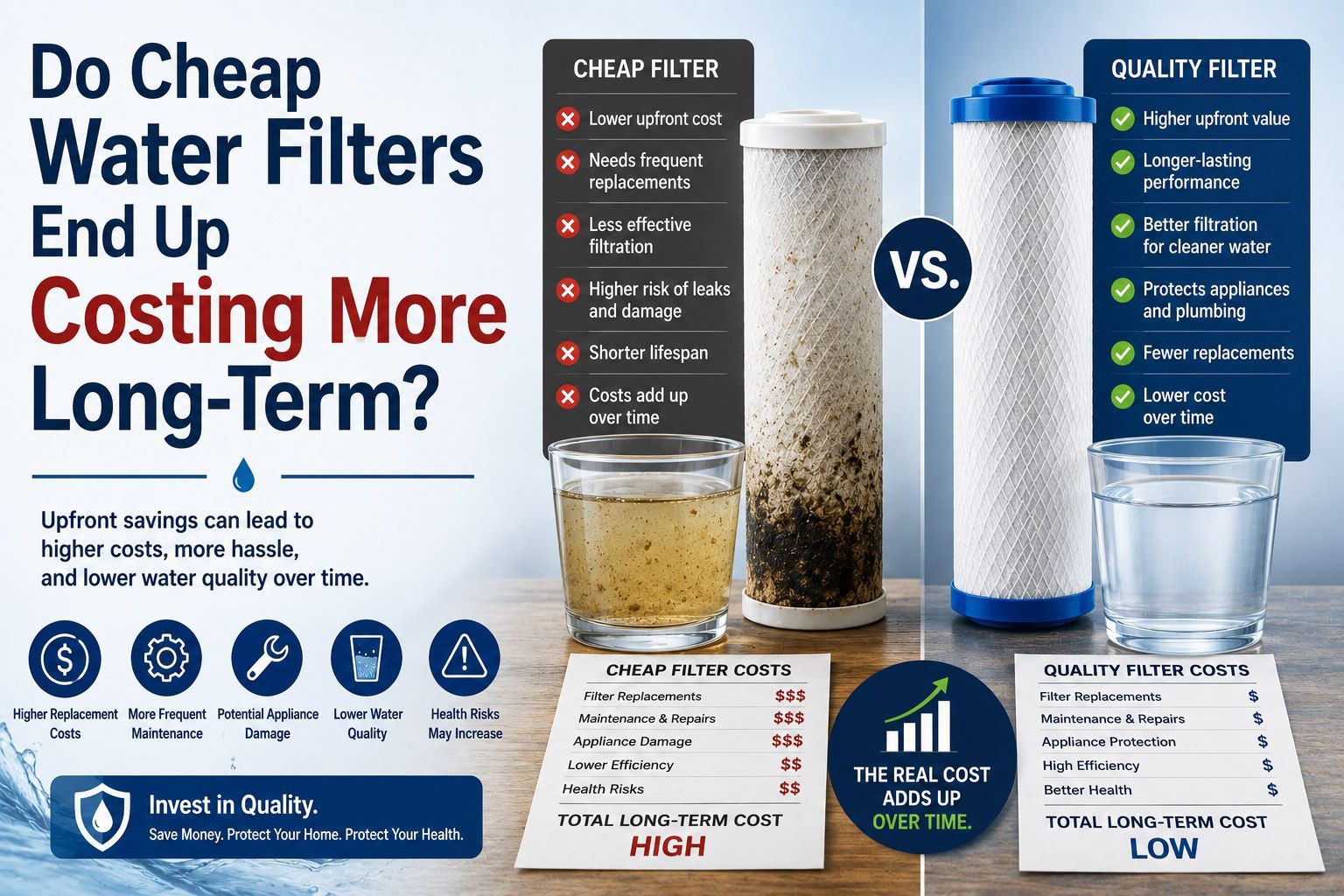 Infographic comparing cheap and premium water filters, showing a dirty vs clean filter and cost claims.