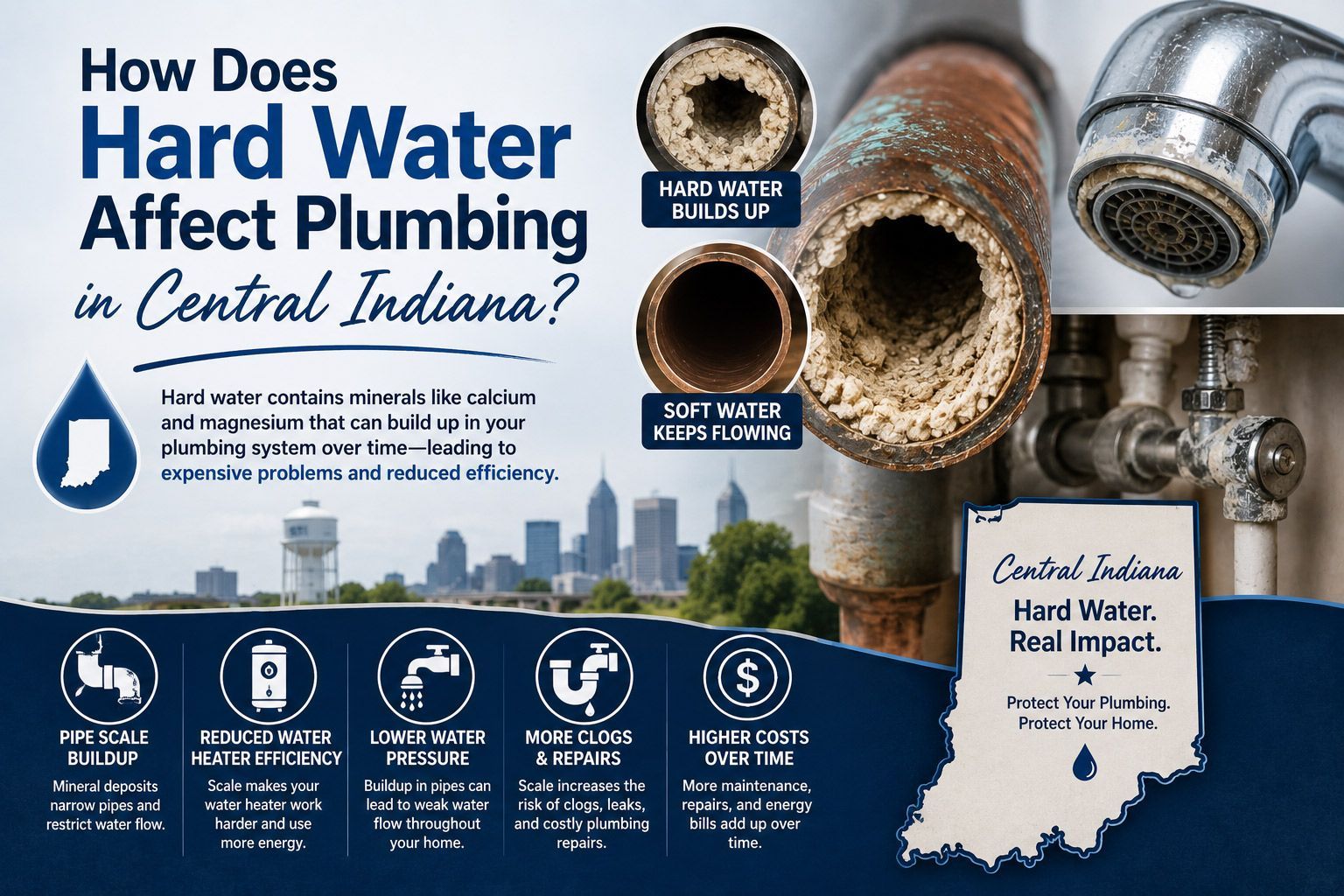 Infographic on hard water in Central Indiana showing mineral buildup in pipes and plumbing impacts.