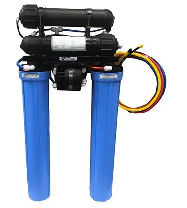 A water filter with two blue tubes and wires attached to it.