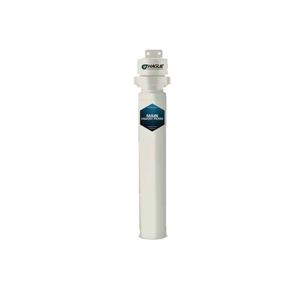 A white pipe with a blue label on it is a water filter.
