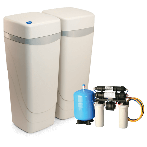 Two water softeners and a blue tank on a white background