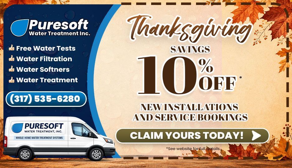 Puresoft Water Treatment fall savings ad offering 10% off new installations and service bookings.