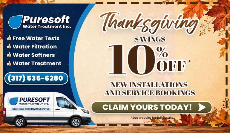 Puresoft Water Treatment summer promo ad with 10% off new installations and service bookings, blue/orange design