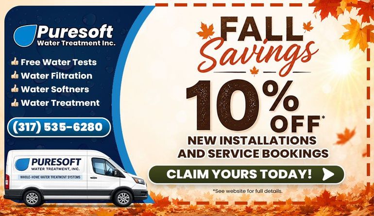 Puresoft Water Treatment summer promo ad with 10% off new installations and service bookings, blue/orange design