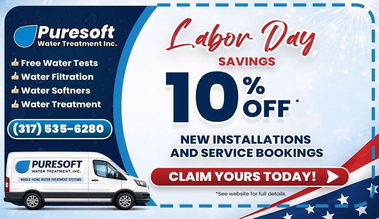 Puresoft Water Treatment summer promo ad with 10% off new installations and service bookings, blue/orange design