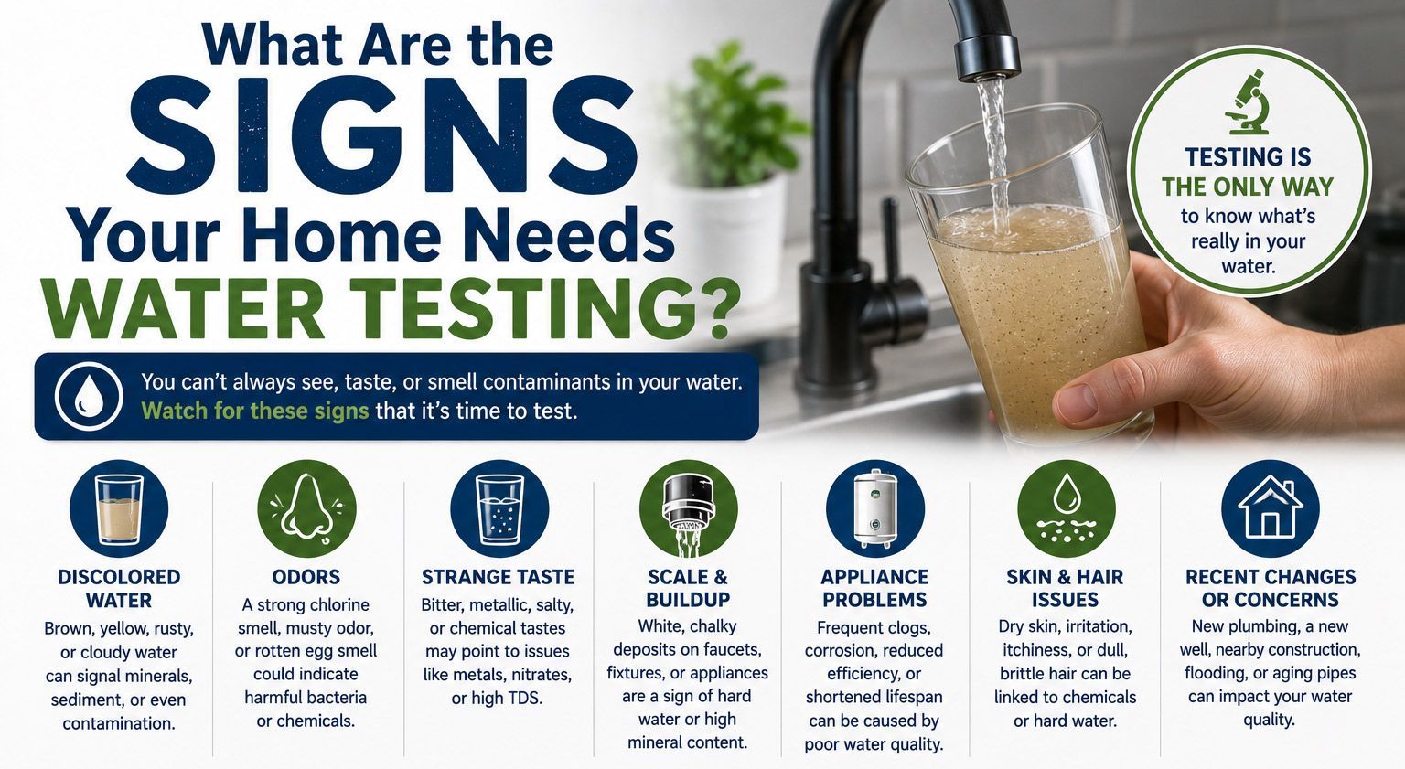 Infographic on signs your home needs water testing, with faucet and water droplets on blue background