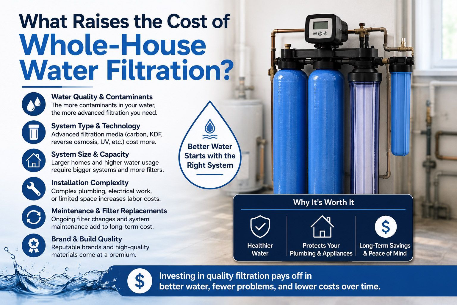 Infographic about whole-house water filtration costs, with blue filter tanks and listed factors affecting price