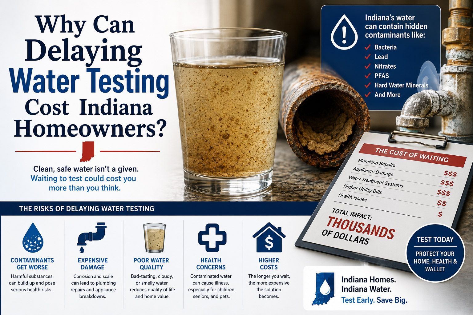 Infographic on why delaying water testing can cost Indiana homeowners, with water test kit and faucet icons.