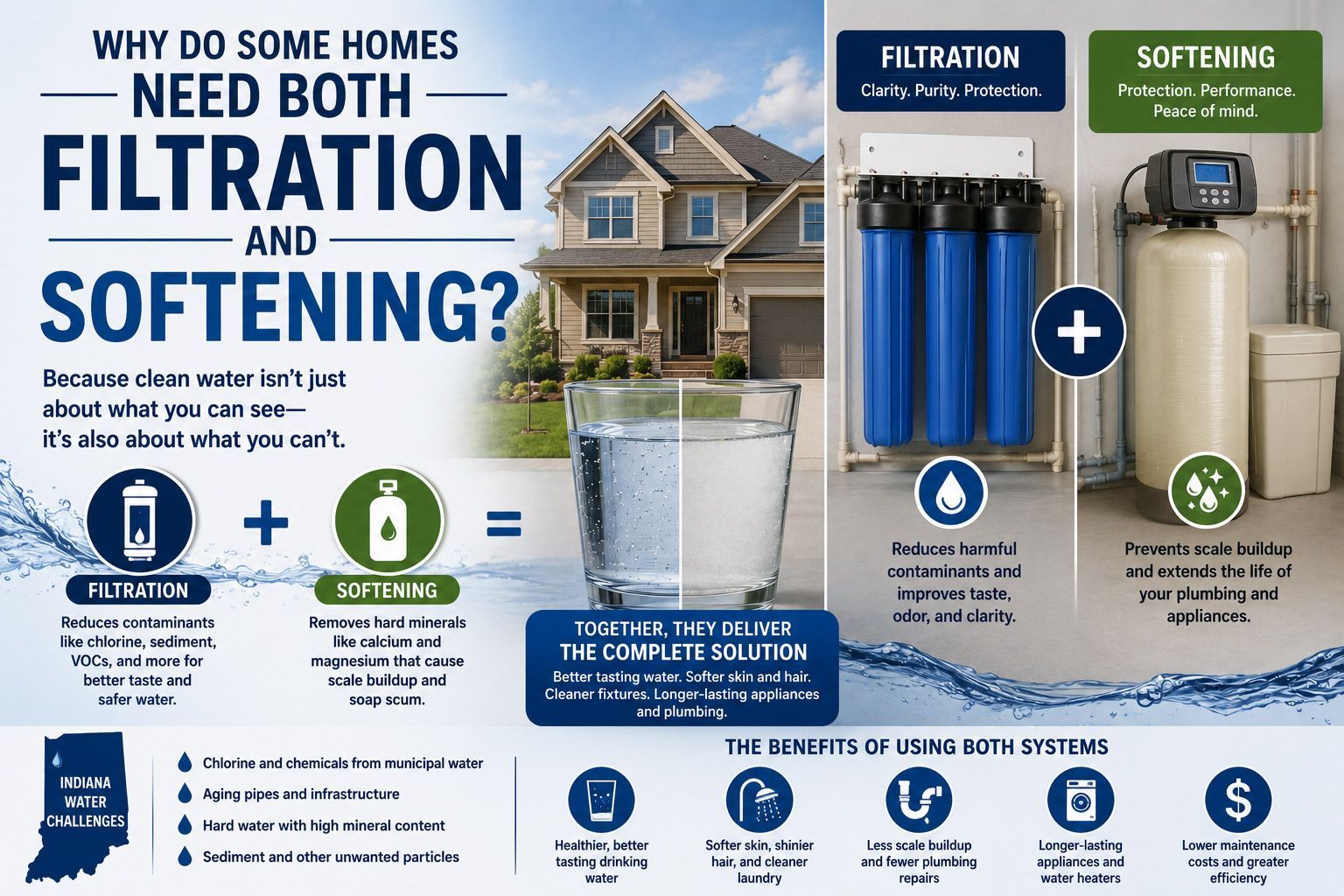 Infographic explaining why homes need both filtration and softening, with water treatment system images and icons.