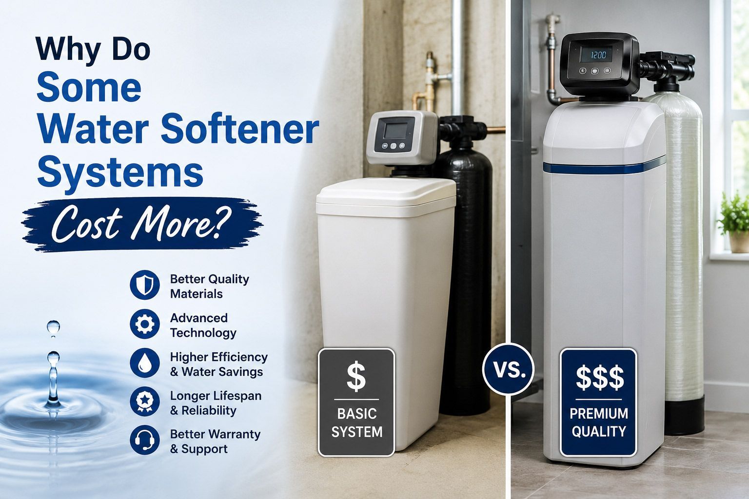 Comparison ad for water softener systems, showing basic vs premium units and a list of cost factors