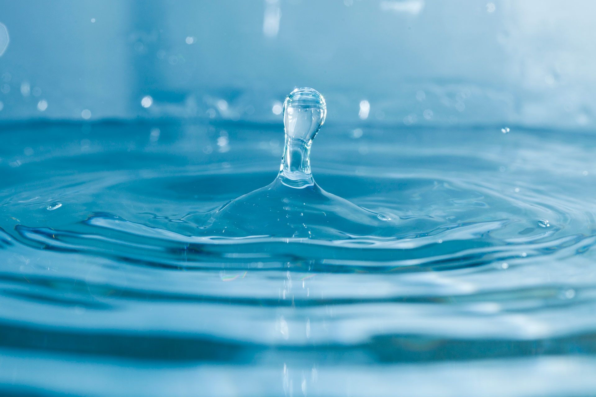 Water droplet rising from rippled blue water.