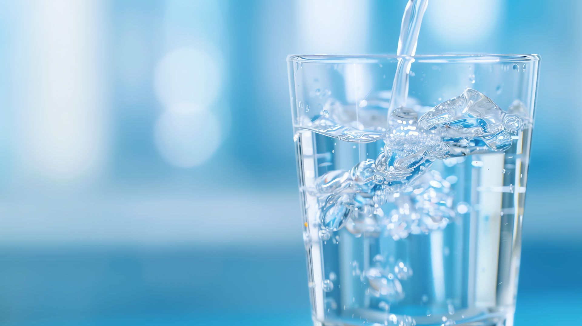 Clear water pouring into a glass, splashing, with a blurred blue background.