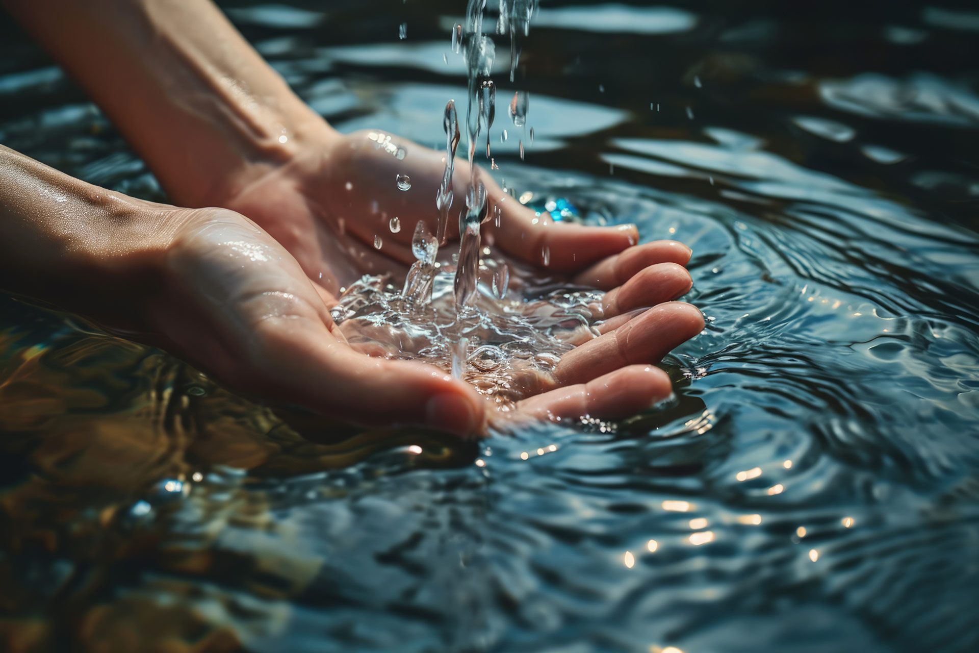 Hands cupped under flowing water in a stream.