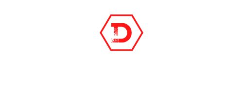 The letter d is in a red hexagon on a white background.
