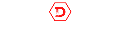 The letter d is in a red hexagon on a white background.