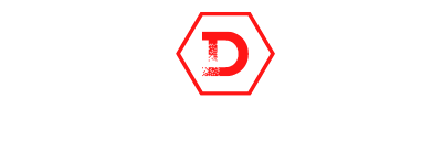 The letter d is in a red hexagon on a white background.