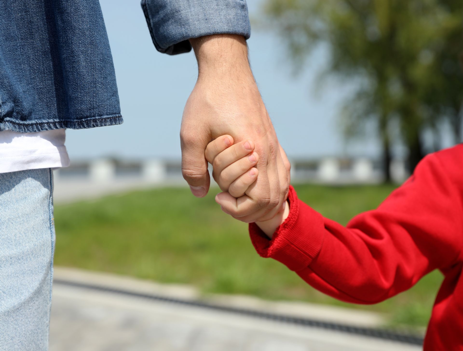 Adult hand holding a child's hand, likely outdoors, with grass and a building in the background.