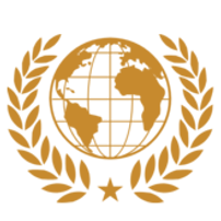 A gold globe with a laurel wreath around it
