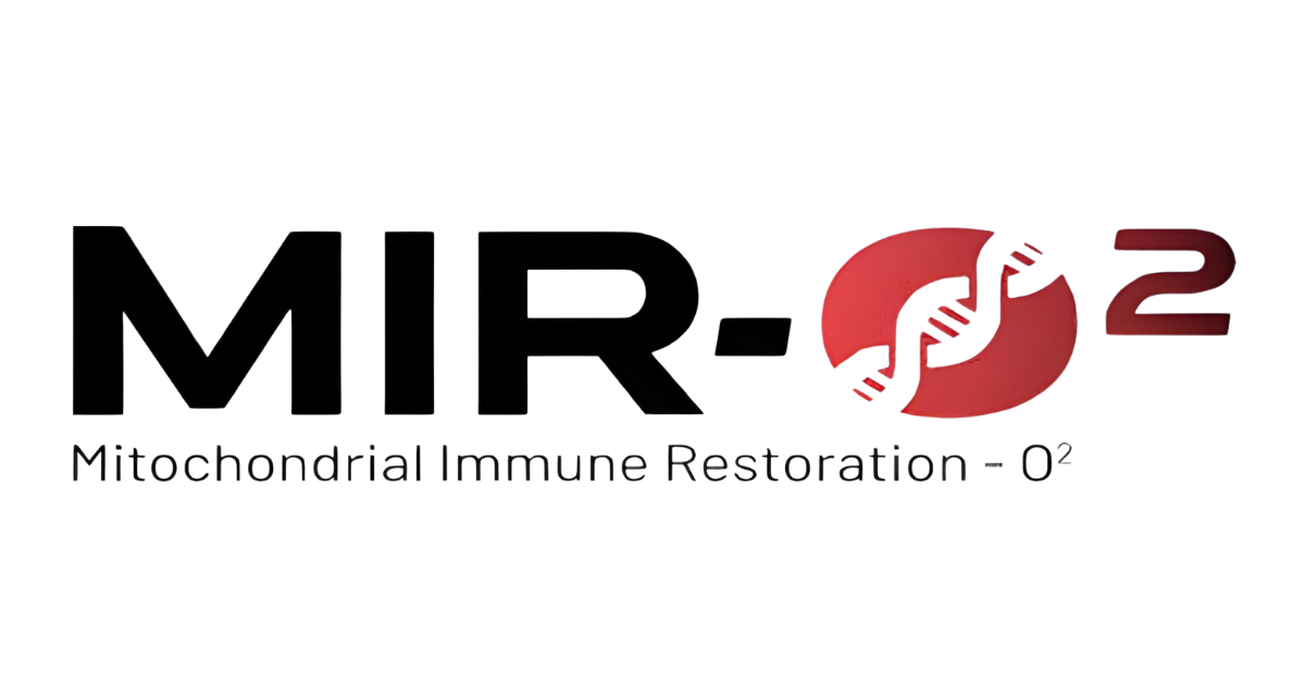 MIR-02 logo with black and red text and a red circular symbol, subtitle “Mitochondrial Immune Restoration - 02”