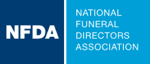 Logo of the National Funeral Directors Association; blue and light blue blocks with white text, 