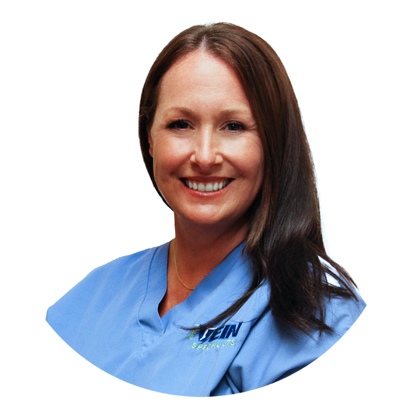 A woman wearing a blue shirt with the word vein written on it