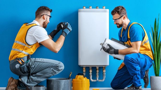 Two electricians kneel beside a wall-mounted breaker panel, inspecting wiring in blue workwear and safety gear.