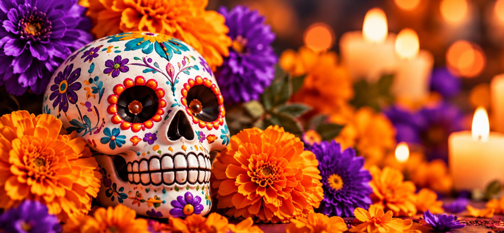 Decorated sugar skull surrounded by marigolds and candles