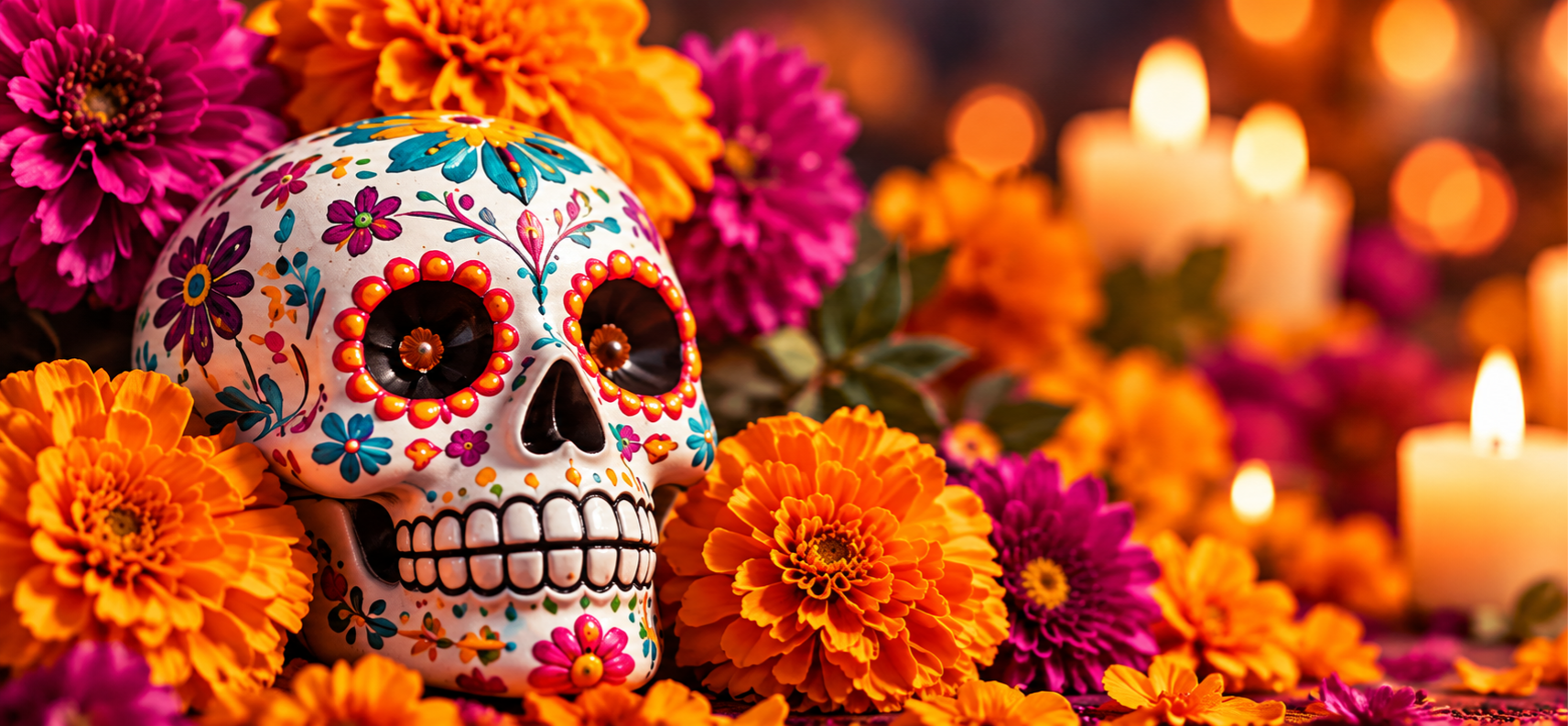 Decorated sugar skull surrounded by marigolds and candles